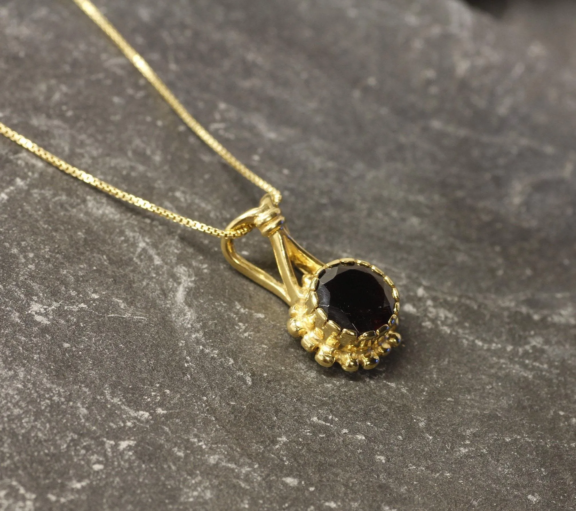 Gold Garnet Pendant - Natural Garnet Necklace, Round Garnet Pendant