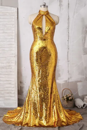 Gold Sequin Keyhole High Neck Plus Size Mermaid Prom Gown