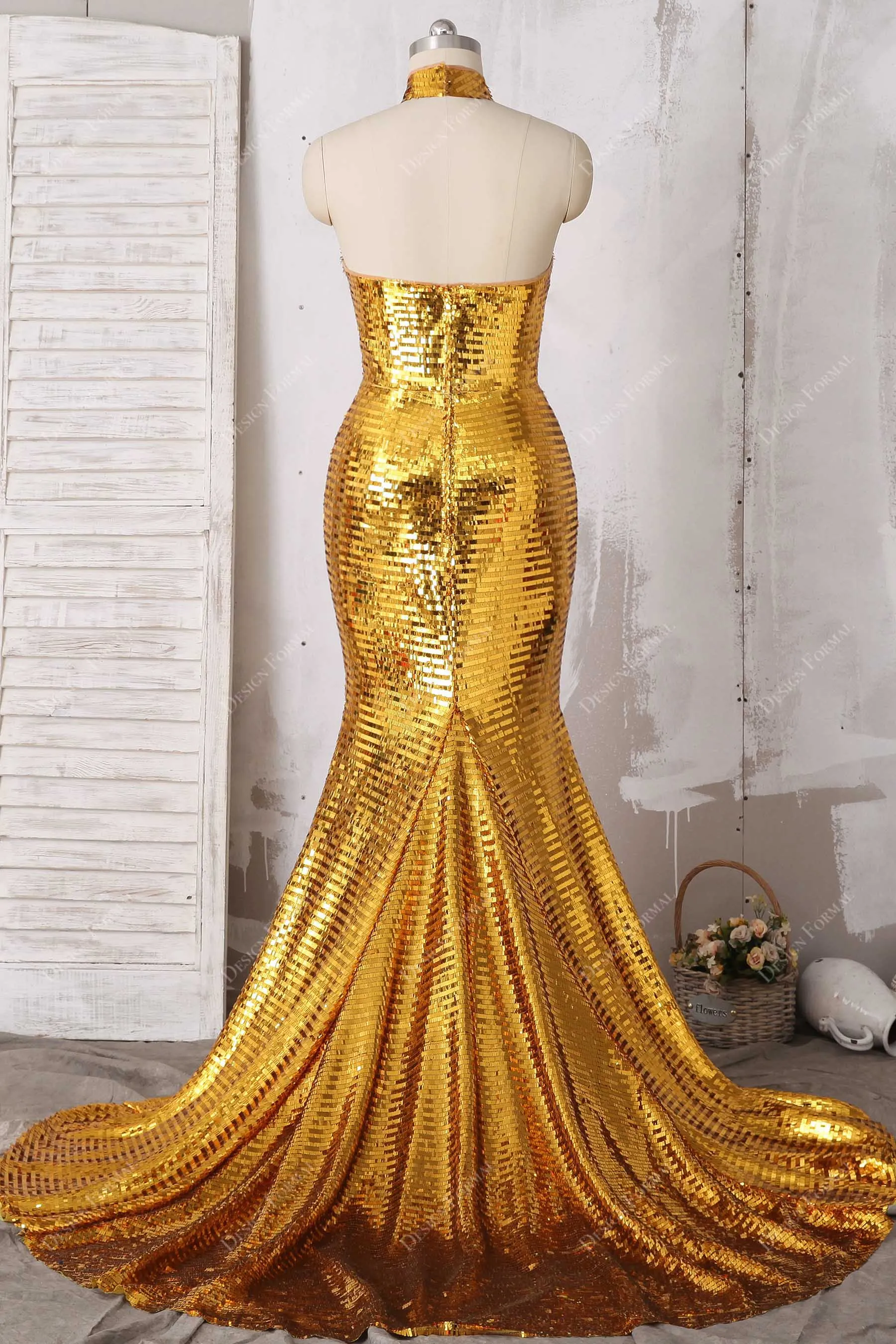 Gold Sequin Keyhole High Neck Plus Size Mermaid Prom Gown