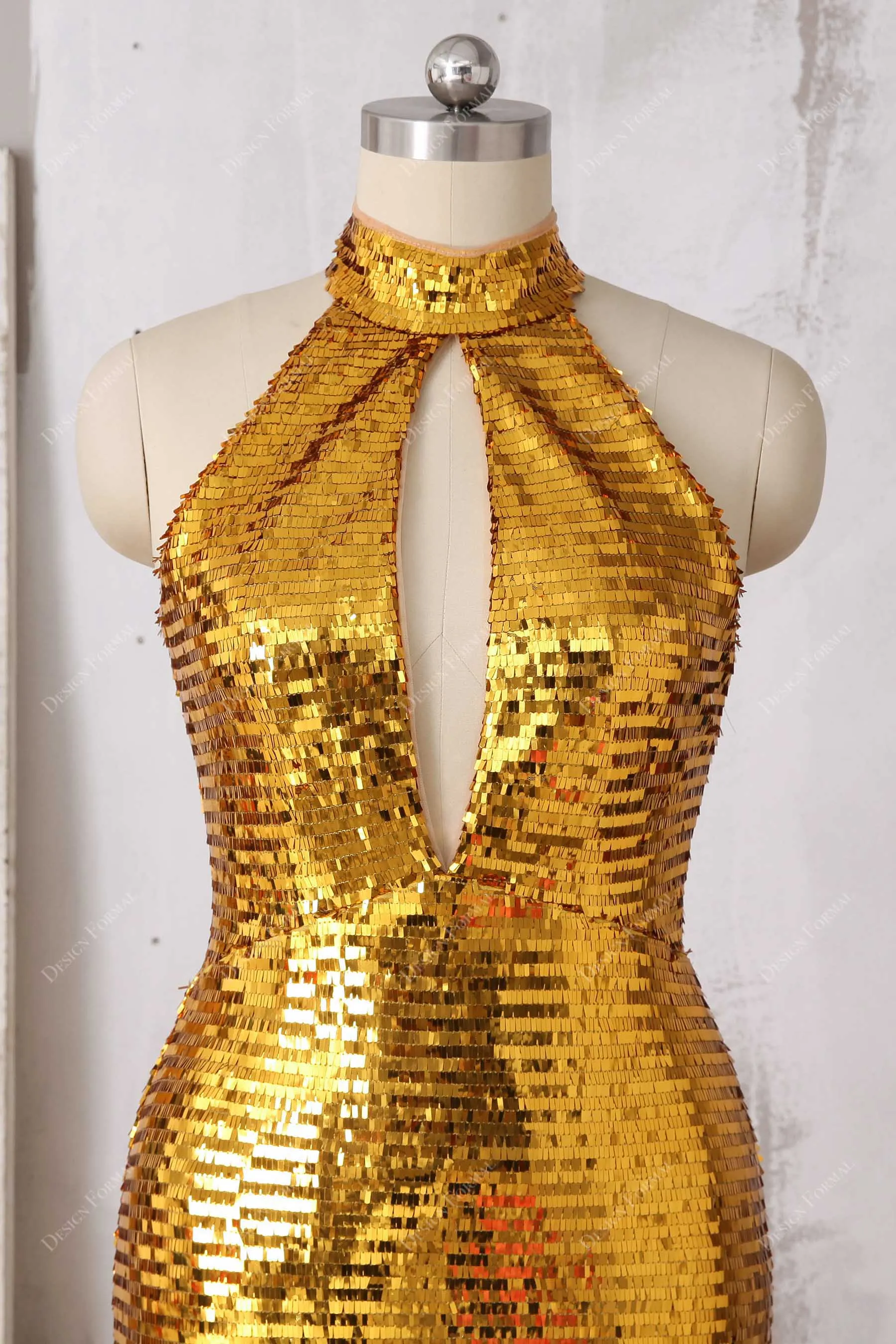 Gold Sequin Keyhole High Neck Plus Size Mermaid Prom Gown