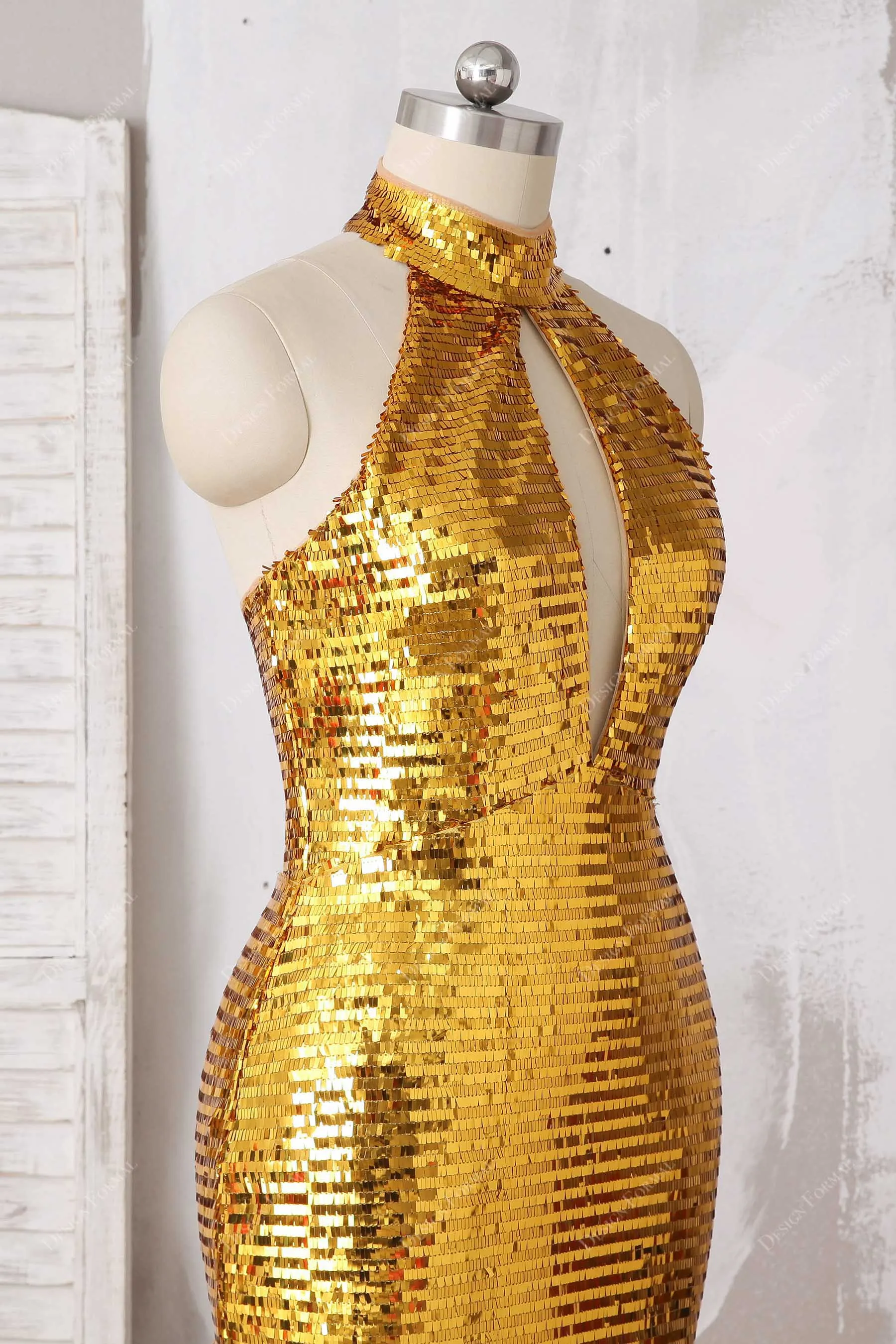 Gold Sequin Keyhole High Neck Plus Size Mermaid Prom Gown