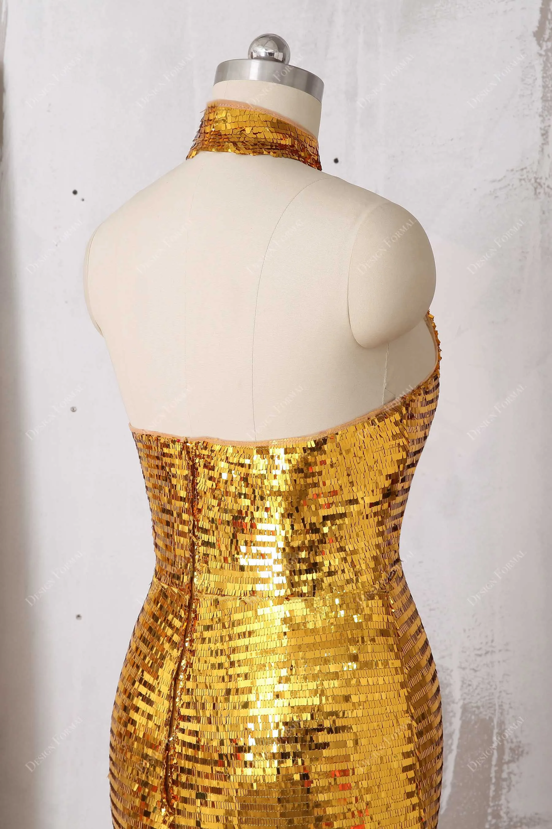 Gold Sequin Keyhole High Neck Plus Size Mermaid Prom Gown