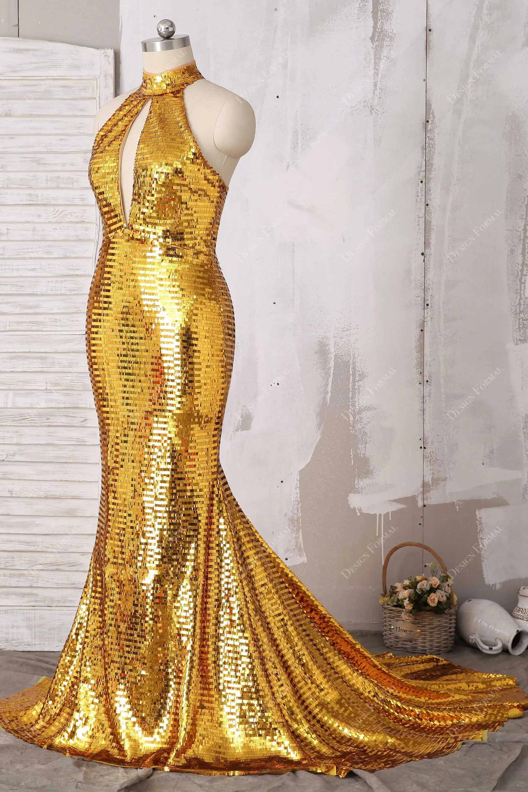 Gold Sequin Keyhole High Neck Plus Size Mermaid Prom Gown