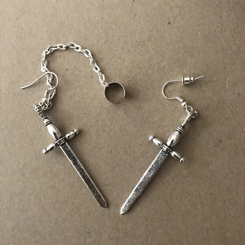 Gothic Style Sword Earrings with Chain / Punk Stylish Accessories for Women