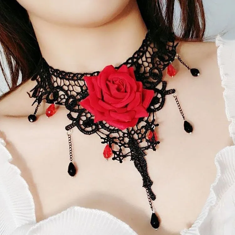 Gothic Vintage Rose Pearl Choker Necklace