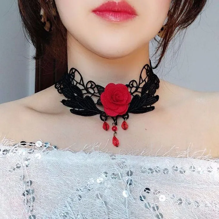 Gothic Vintage Rose Pearl Choker Necklace