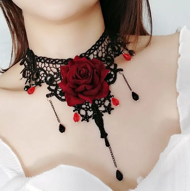 Gothic Vintage Rose Pearl Choker Necklace