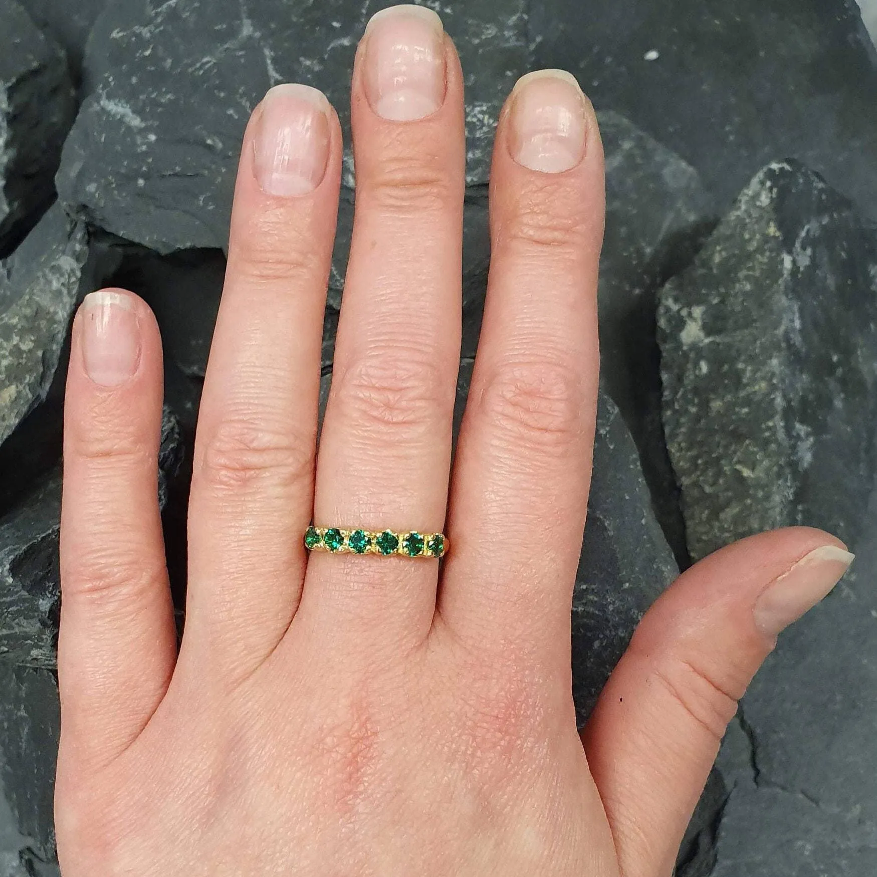 Half Eternity Emerald Ring, Gold Emerald Ring, May Birthstone Ring