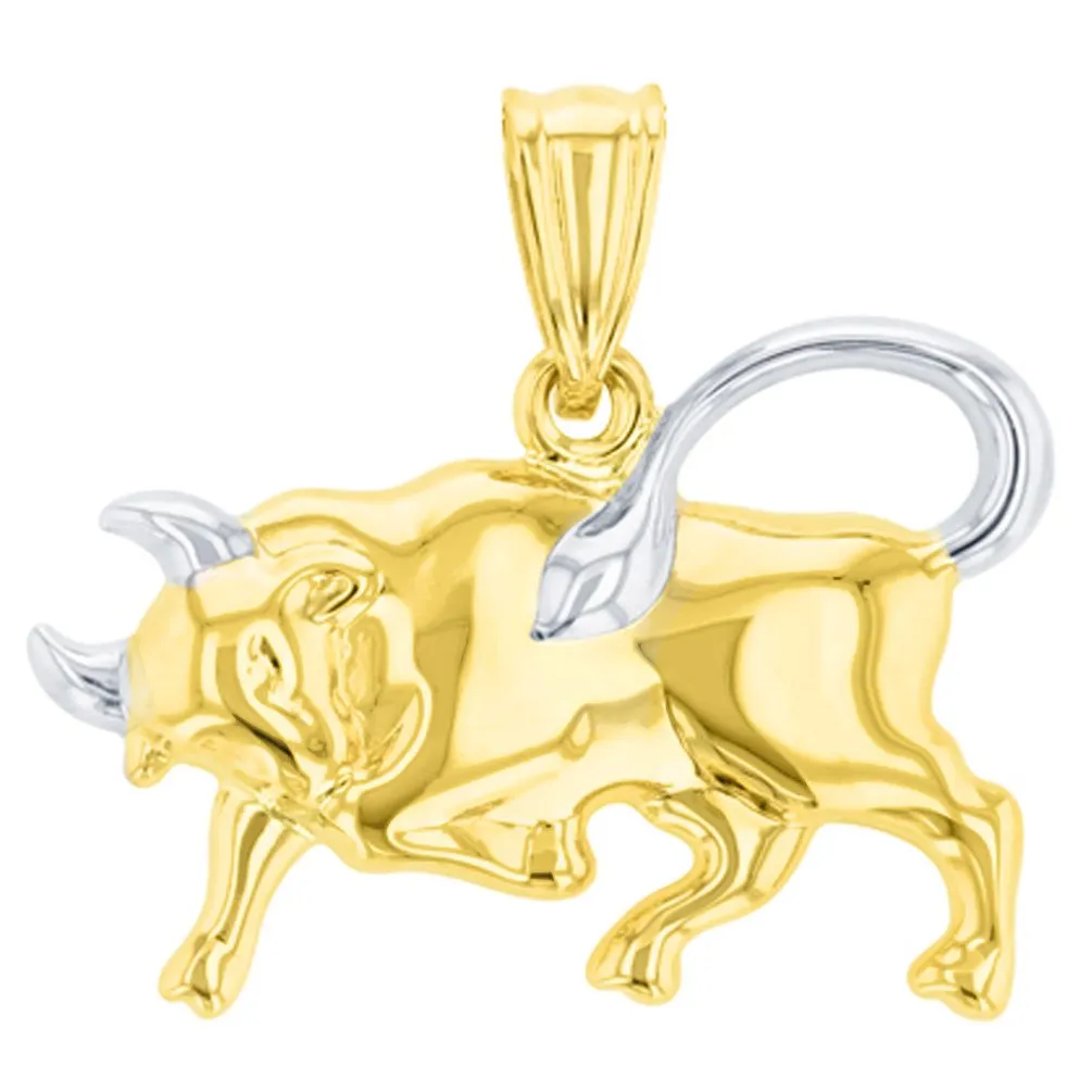 High Polish 14K Gold Bull Pendant Taurus Zodiac Sign Charm Figaro Chain Necklace - Yellow Gold