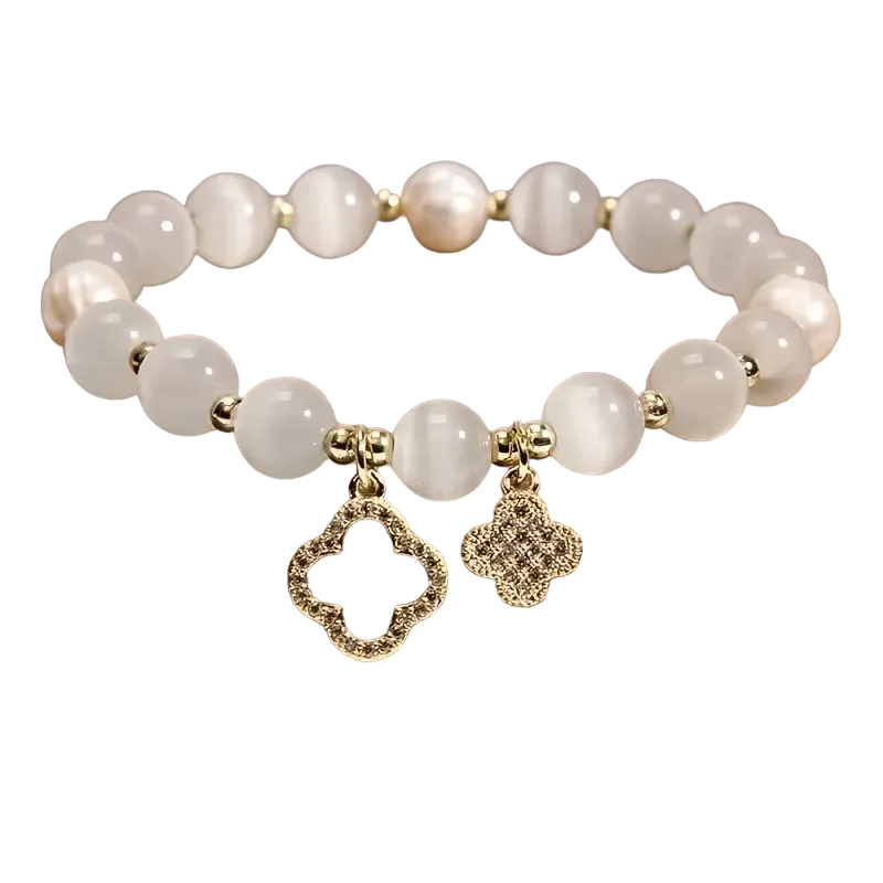 Ivory/gold Crystal & pearl Embellished Clover Beaded Bracelet In Gift Box