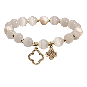 Ivory/gold Crystal & pearl Embellished Clover Beaded Bracelet In Gift Box