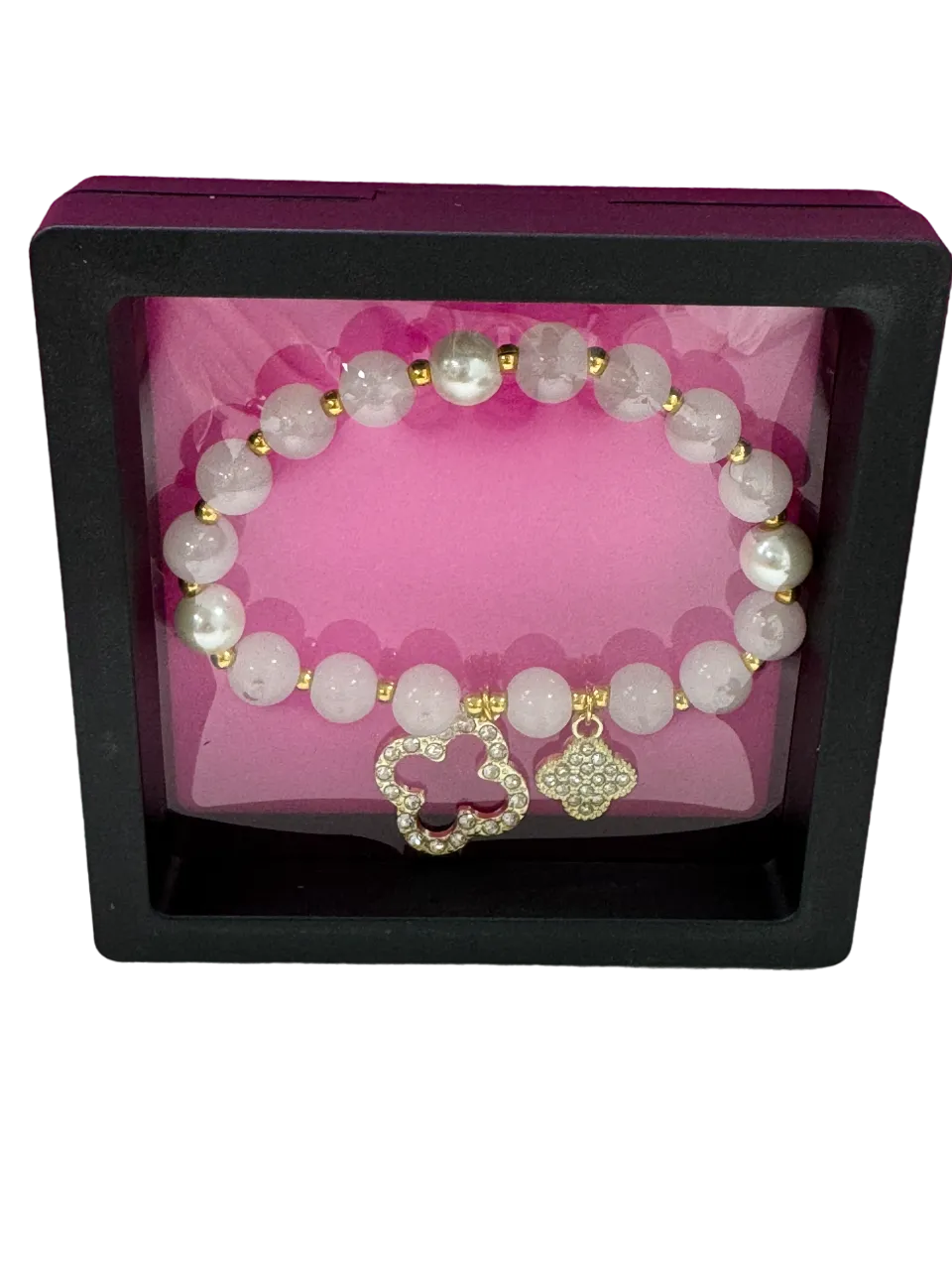 Ivory/gold Crystal & pearl Embellished Clover Beaded Bracelet In Gift Box