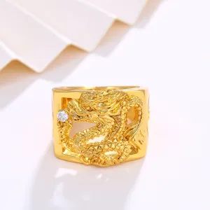 Jewelry alloy gold-plated retro three-dimensional wide square ring plated 24K gold domineering men's open dragon ring