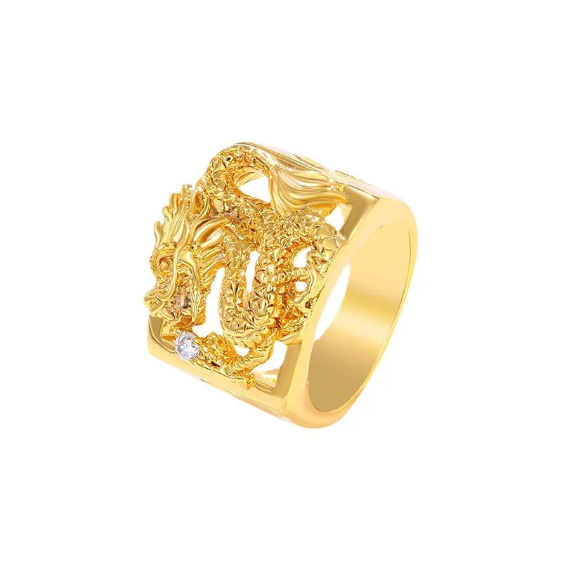 Jewelry alloy gold-plated retro three-dimensional wide square ring plated 24K gold domineering men's open dragon ring