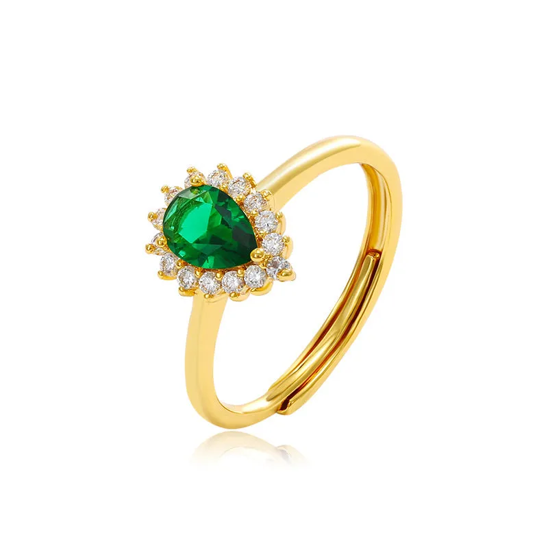 Jewelry imitation colorful treasure series drop-shaped emerald ring women's niche light luxury retro high-end ring