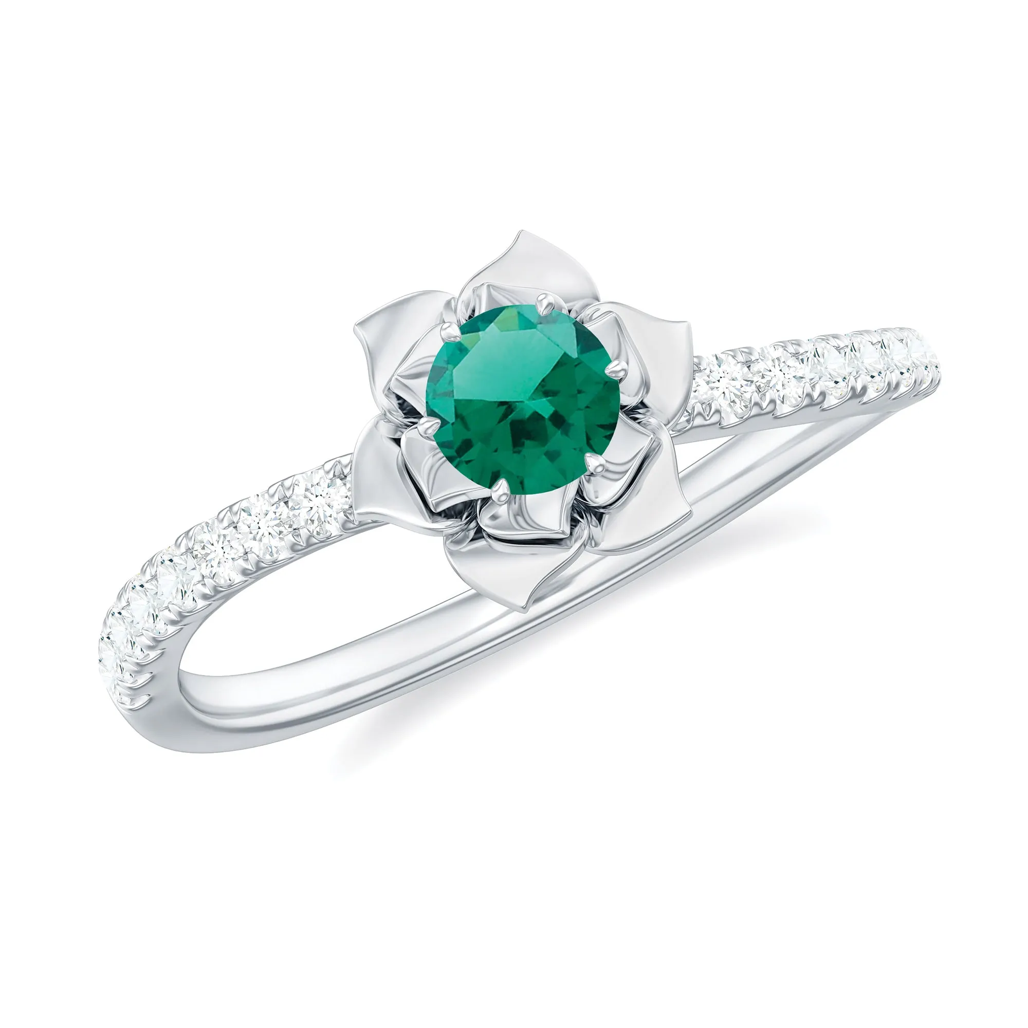 Lab-Created Emerald and Diamond Flower Engagement Ring