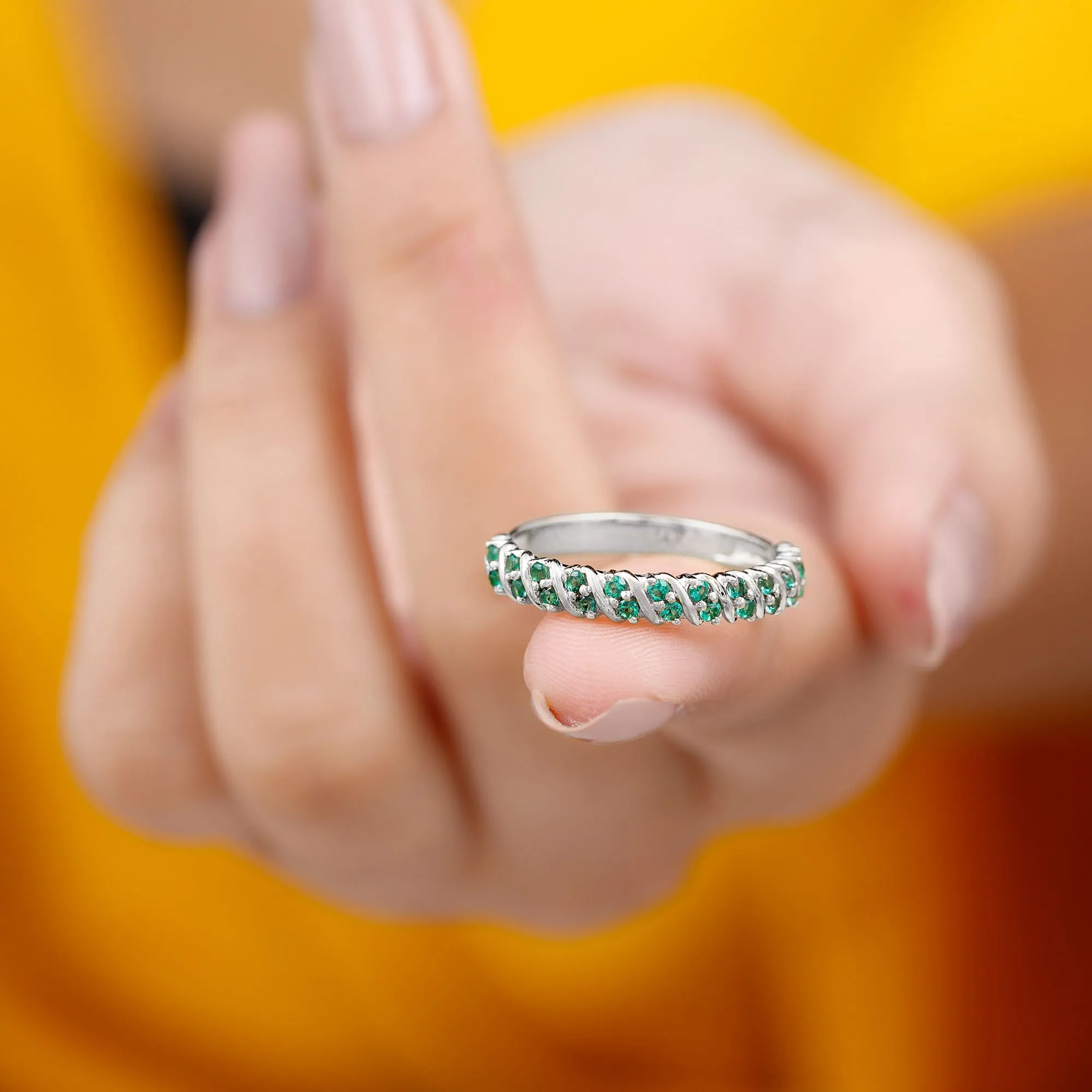 Lab Grown Emerald Semi Eternity Anniversary Band Ring