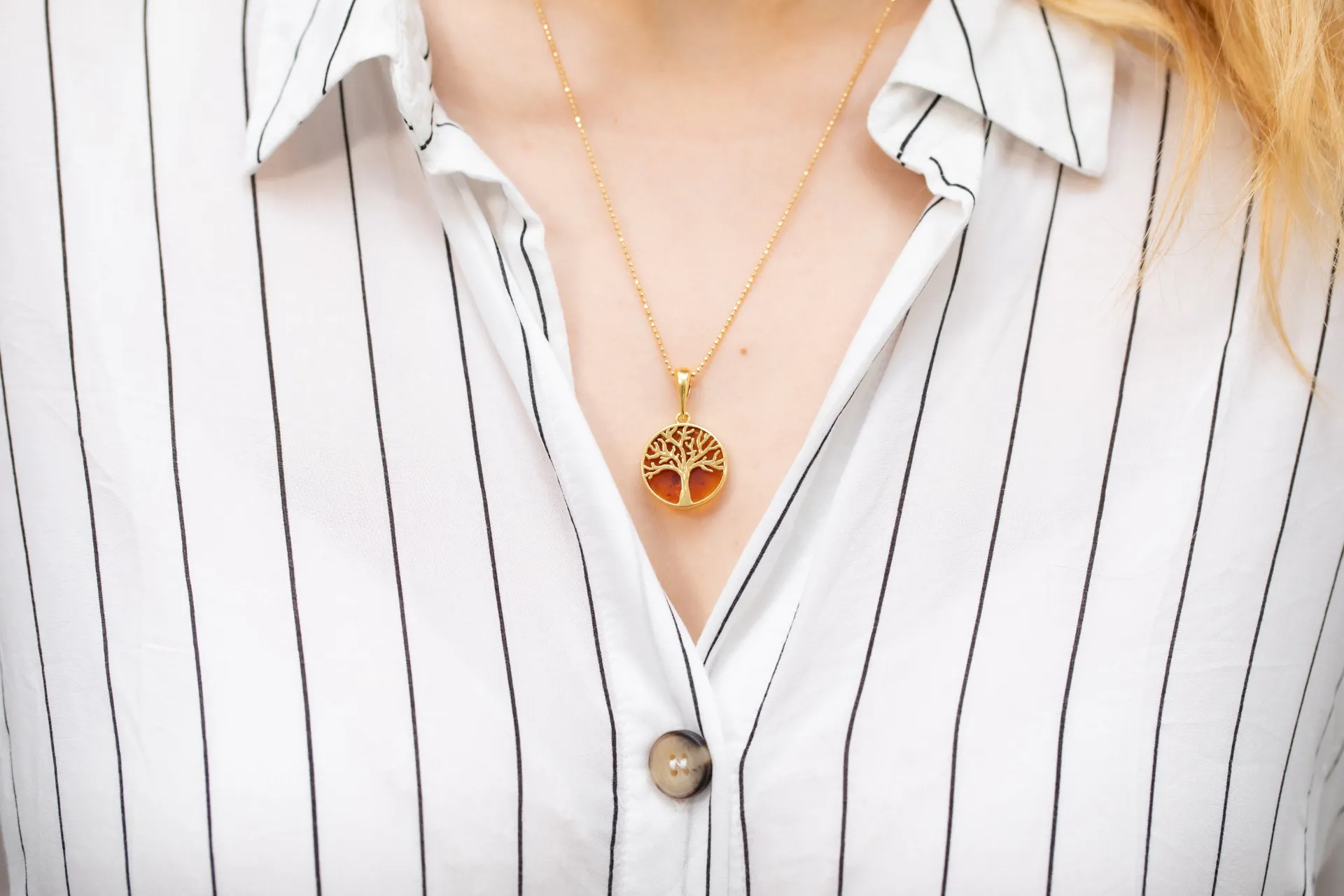 Large Gold Plated Tree of Life Pendant - Baltic Amber & Sterling Silver