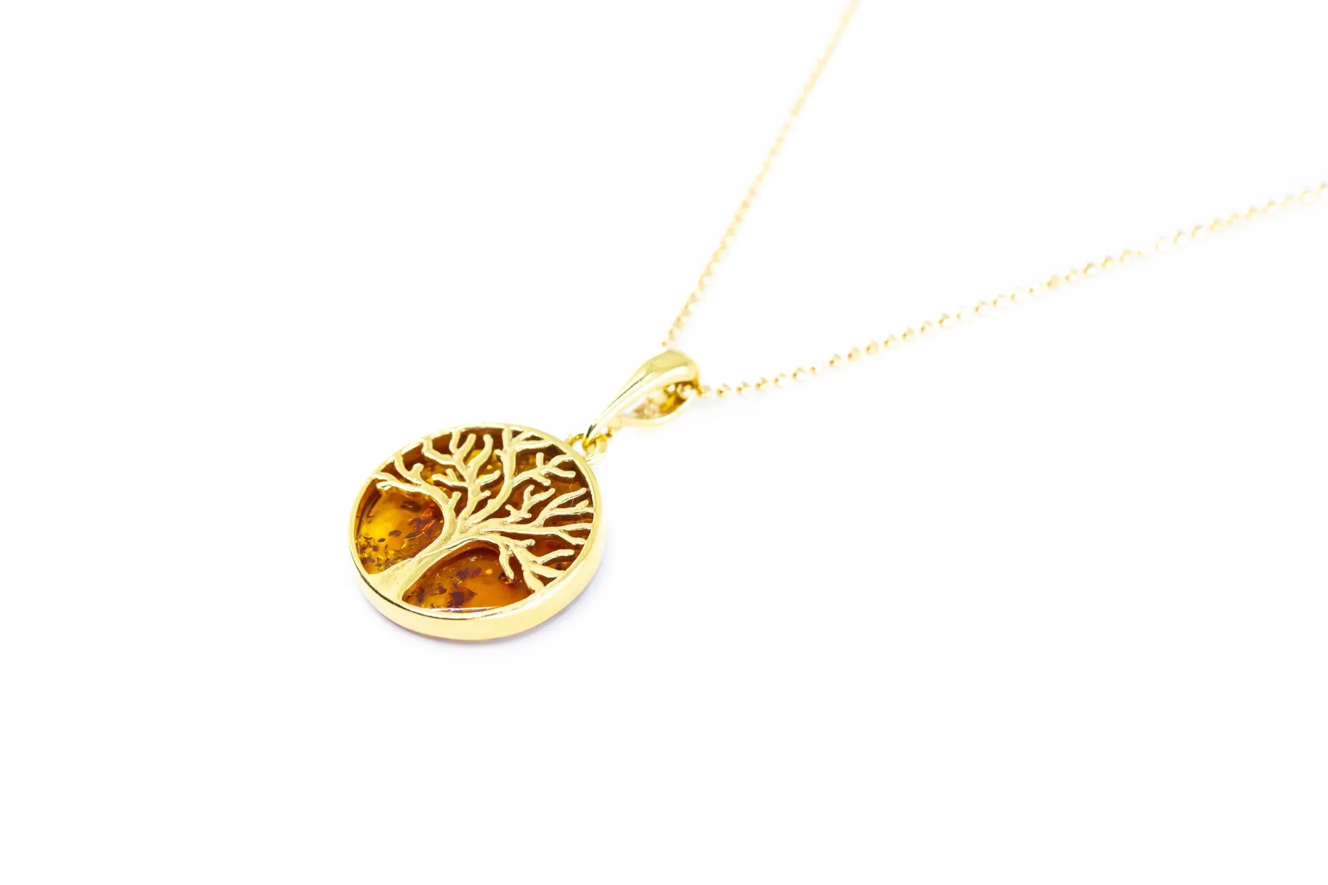 Large Gold Plated Tree of Life Pendant - Baltic Amber & Sterling Silver