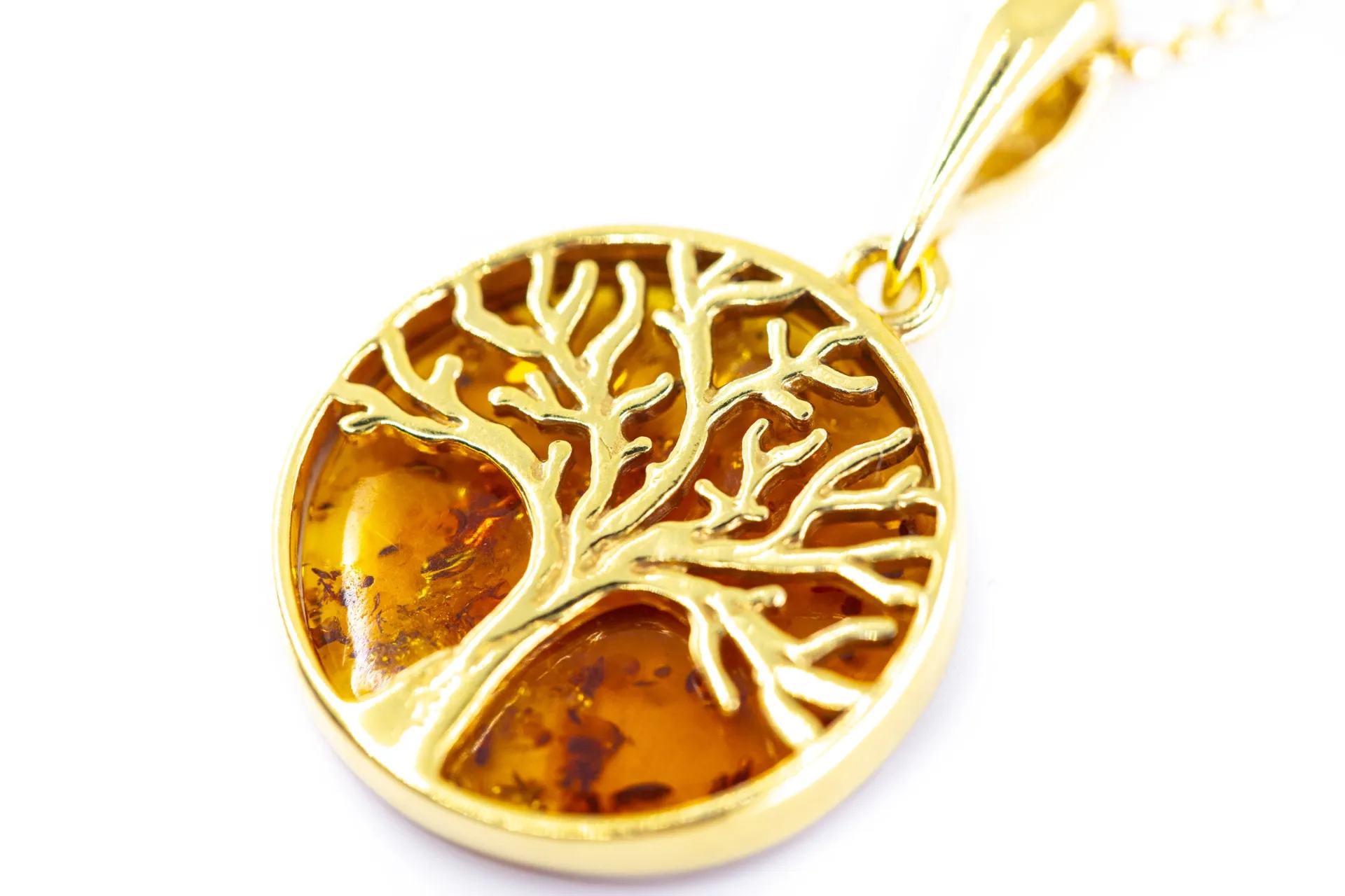 Large Gold Plated Tree of Life Pendant - Baltic Amber & Sterling Silver