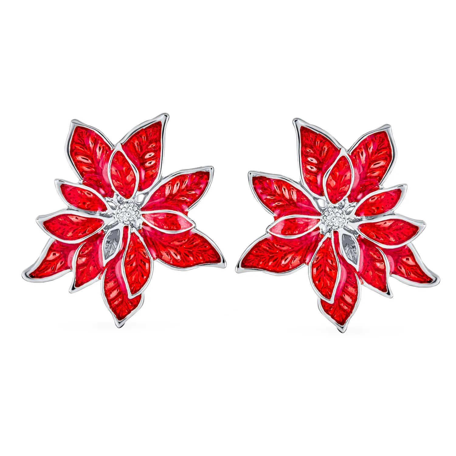 Large Statement Poinsettia Brooch Clip-On Earrings Set White Red Enamel Holiday Jewelry