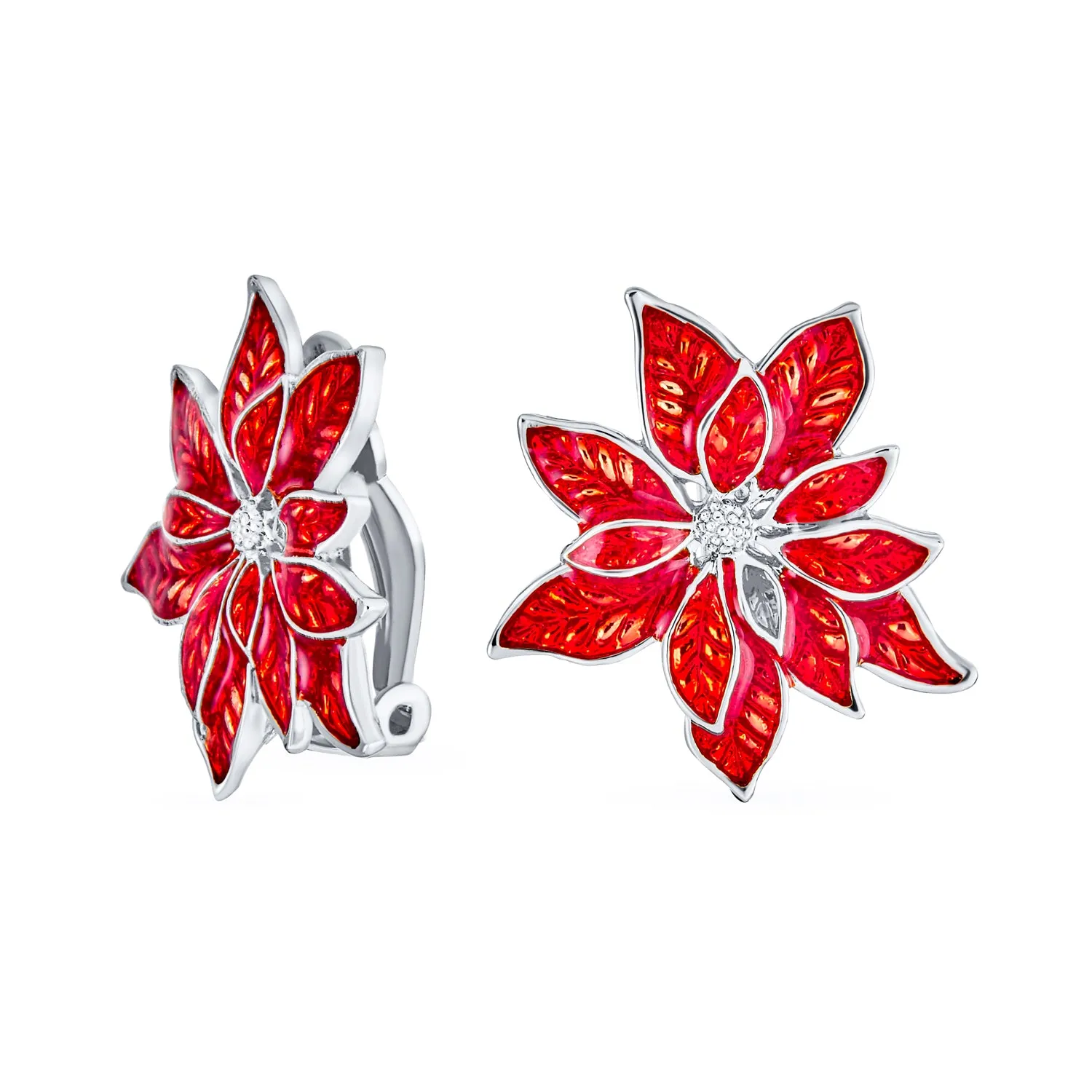 Large Statement Poinsettia Brooch Clip-On Earrings Set White Red Enamel Holiday Jewelry