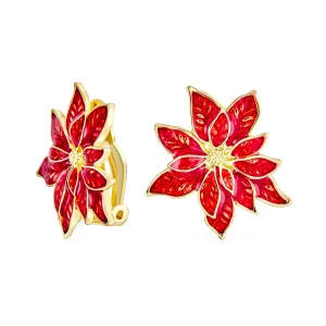 Large Statement Poinsettia Brooch Clip-On Earrings Set White Red Enamel Holiday Jewelry