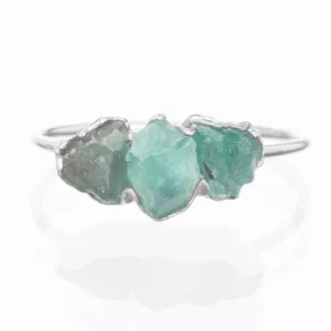 Large Three Stone Raw Emerald Ring in Sterling Silver