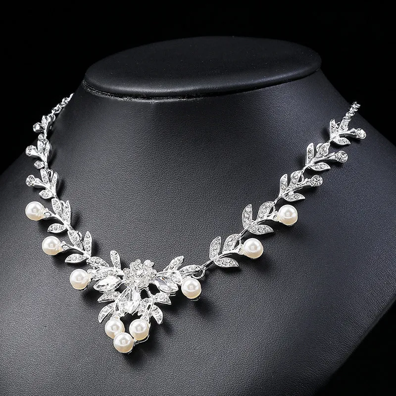 Light Luxury Leaf Design Pearl Necklace Earrings Bridal Wedding Jewelry Set