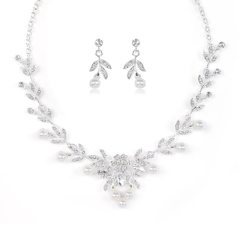 Light Luxury Leaf Design Pearl Necklace Earrings Bridal Wedding Jewelry Set