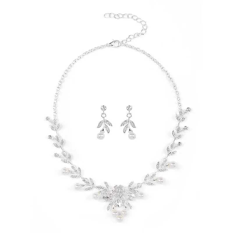 Light Luxury Leaf Design Pearl Necklace Earrings Bridal Wedding Jewelry Set