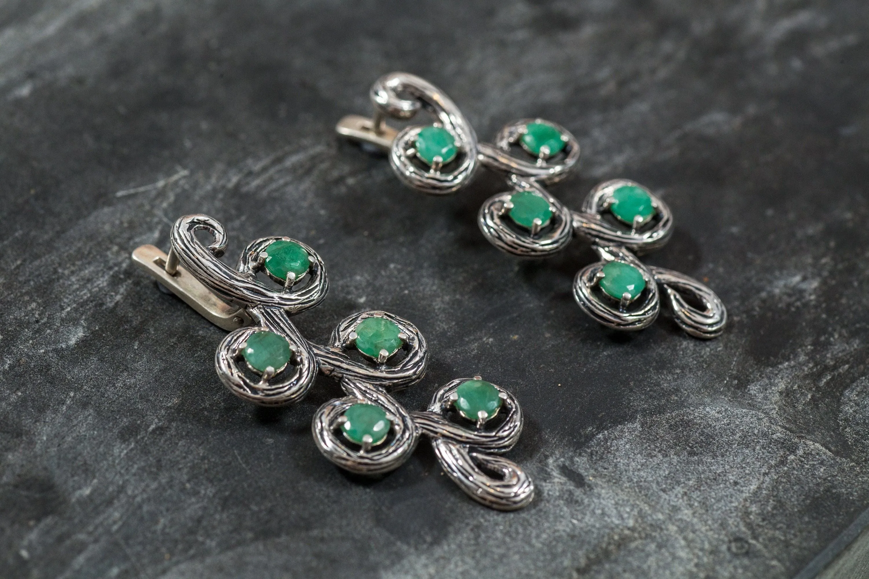 Long Emerald Earrings - Genuine Emerald Earrings - Vintage Leaf Earrings