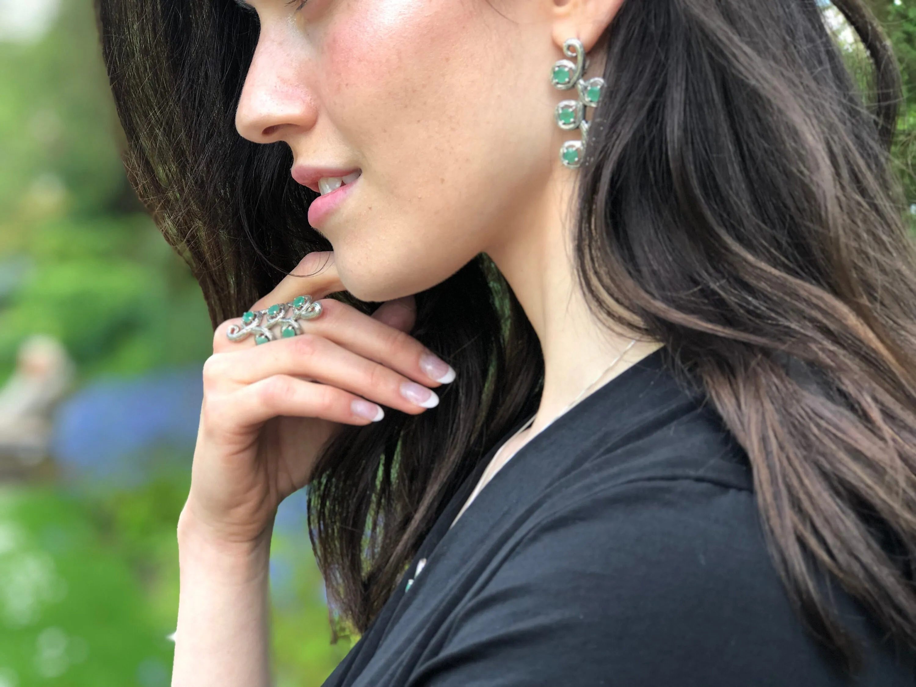 Long Emerald Earrings - Genuine Emerald Earrings - Vintage Leaf Earrings