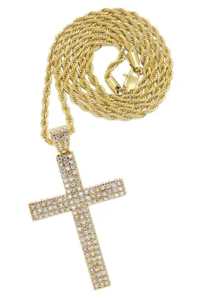 Mens Gold Plated Rope Chain & Cross Pendant | Appx. 19.9 Grams