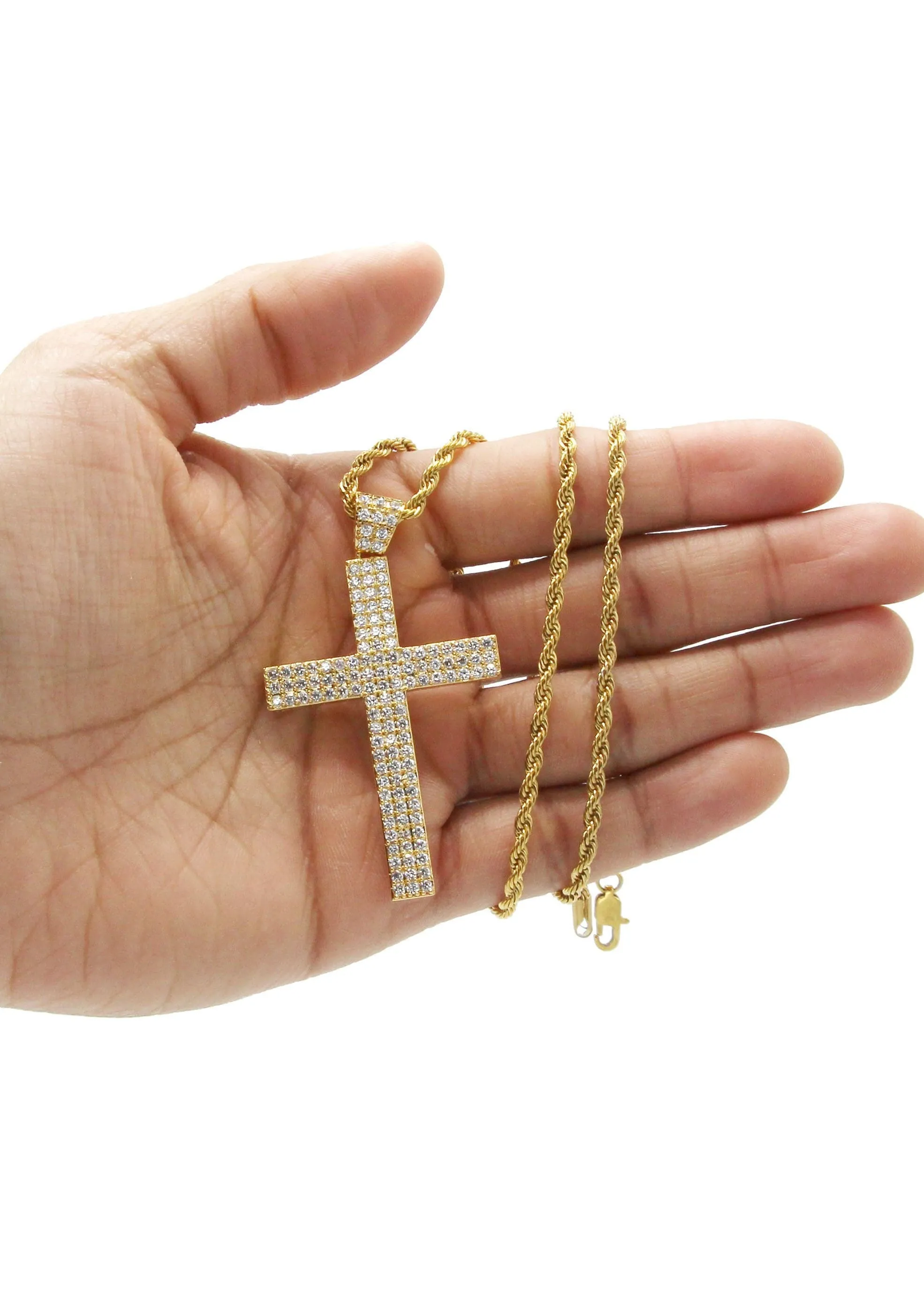 Mens Gold Plated Rope Chain & Cross Pendant | Appx. 19.9 Grams