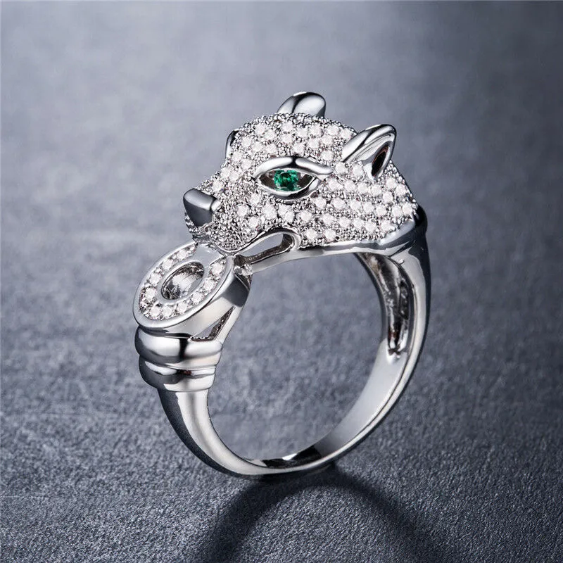 Micro Pave CZ Panther Emerald Eyes Ring