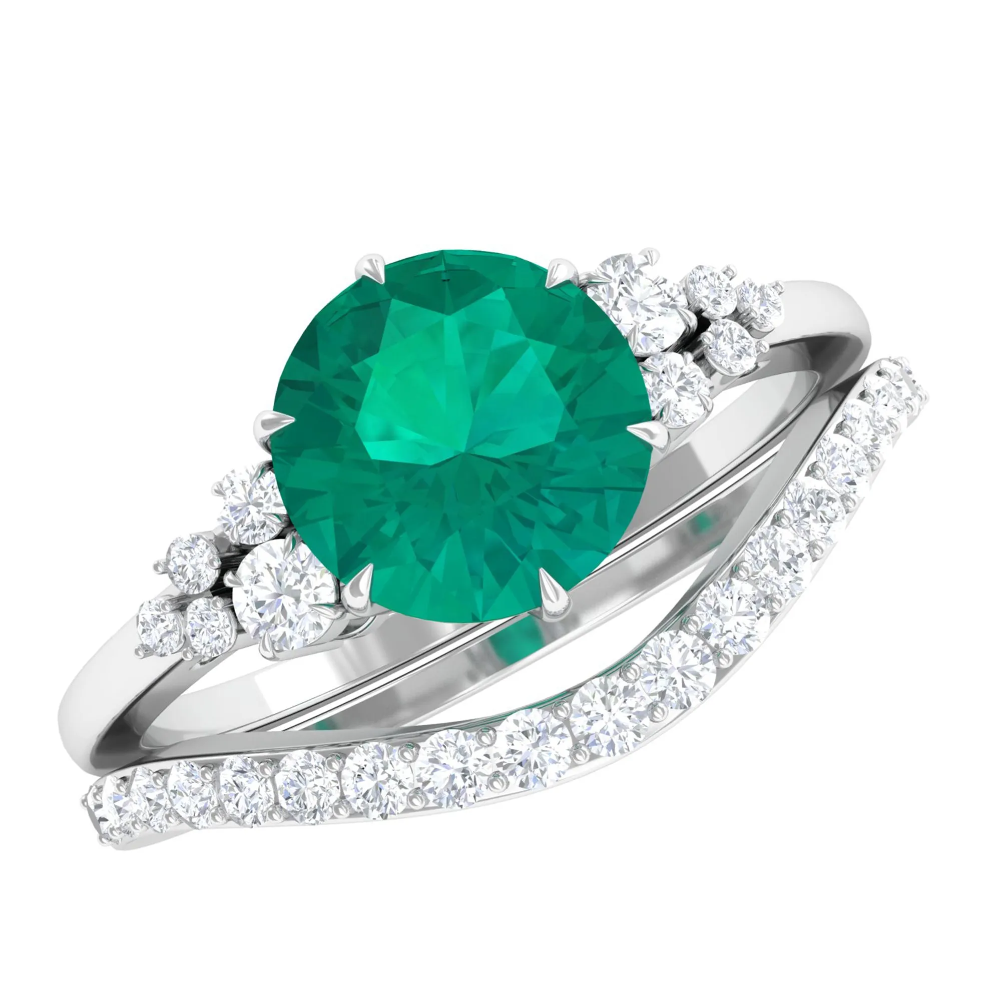 Minimal Emerald and Diamond Bridal Ring Set