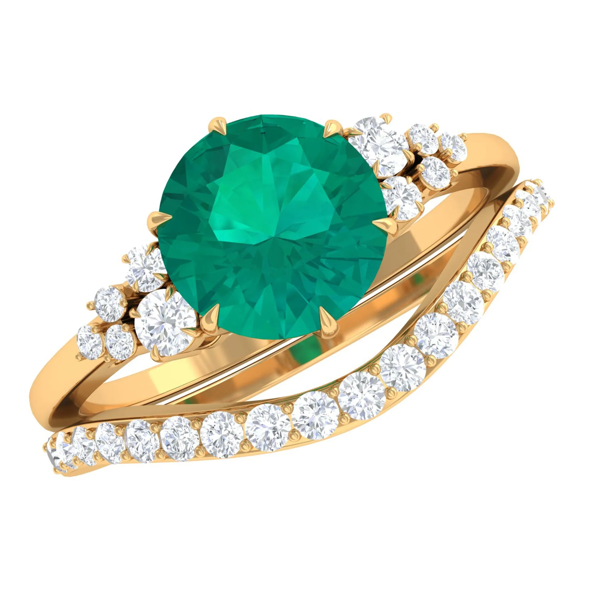 Minimal Emerald and Diamond Bridal Ring Set