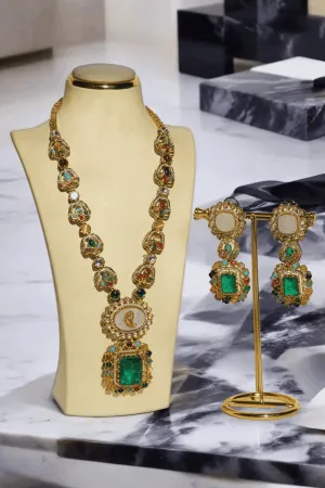 Monika - Gold-Plated Mala Necklace Set with Moissanite, Doublet, and Diamanté Stones