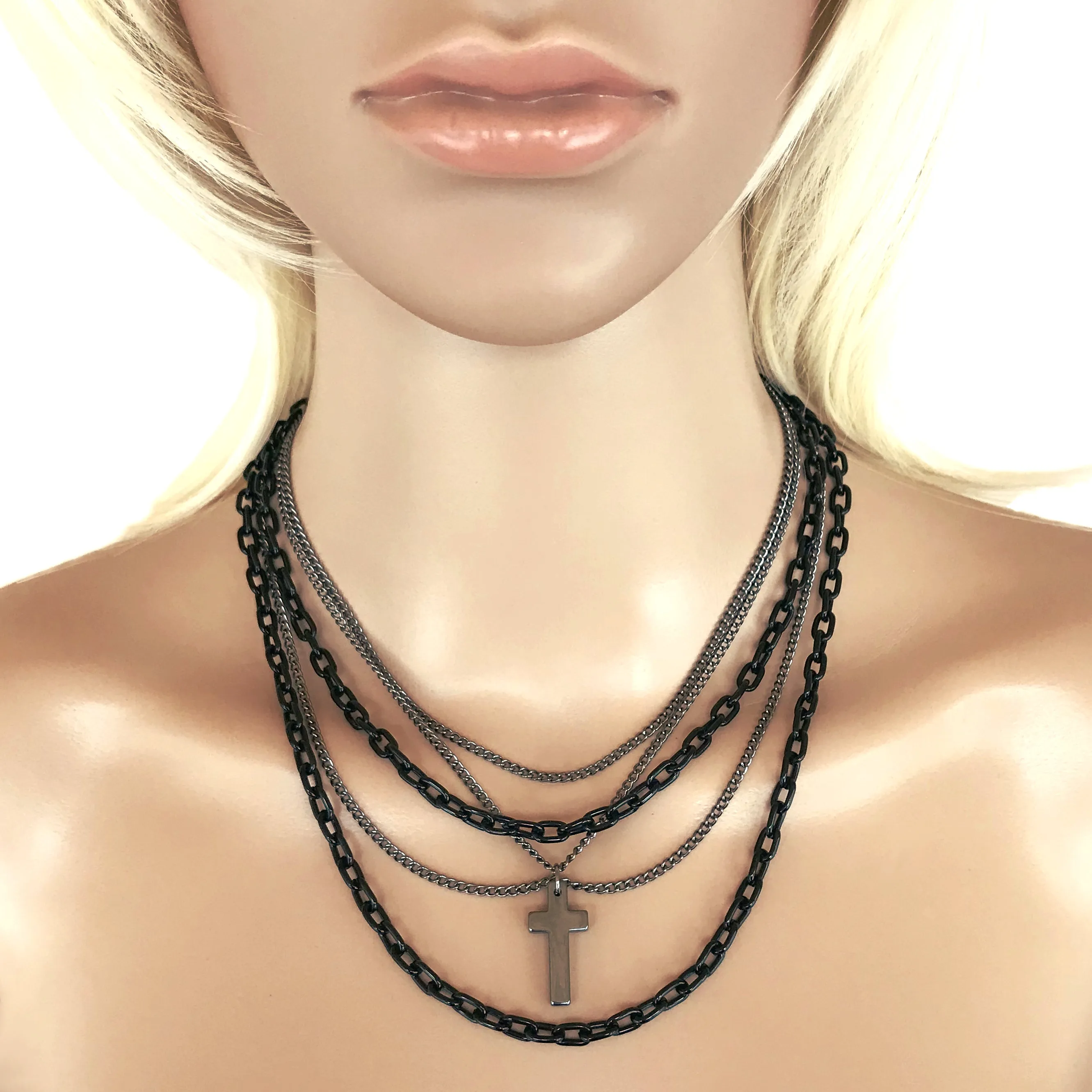 Multilayer Gothic 80s Retro Black and Gunmetal Chain Fashion Necklace with Cross