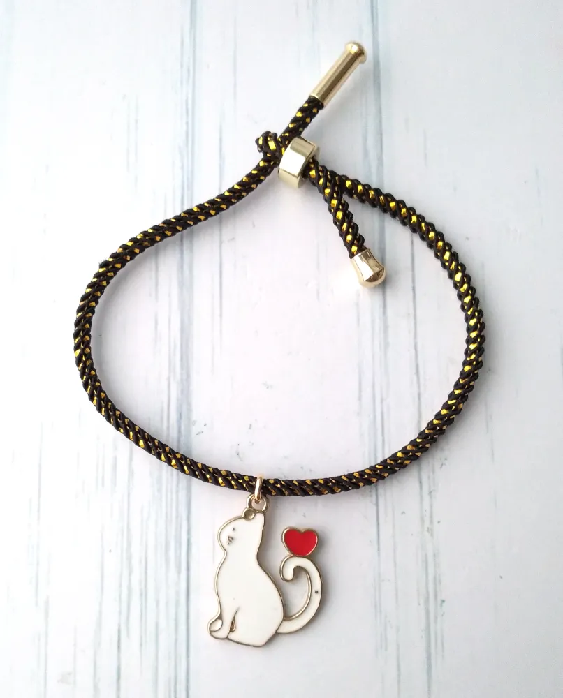 Olivia 2 Enamel White Cat Metallic Cord Slider Bracelet