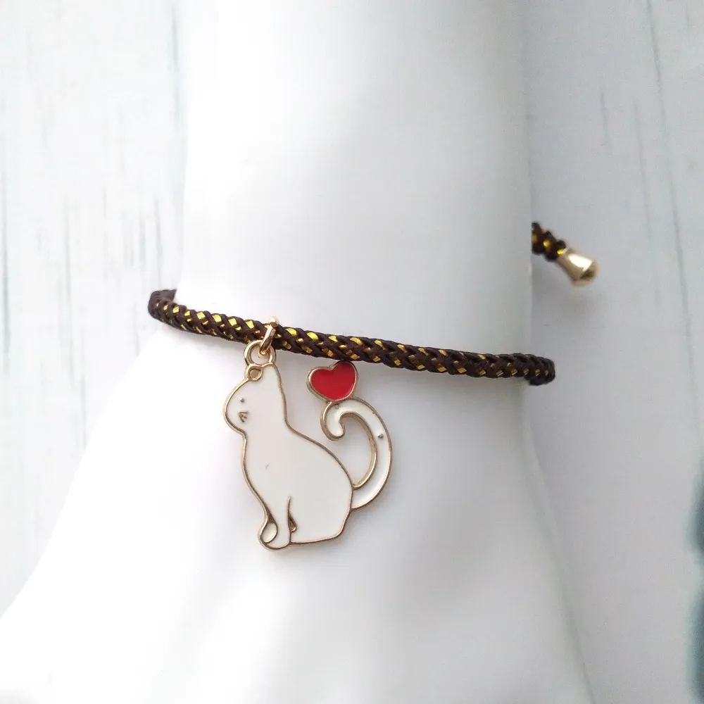 Olivia 2 Enamel White Cat Metallic Cord Slider Bracelet