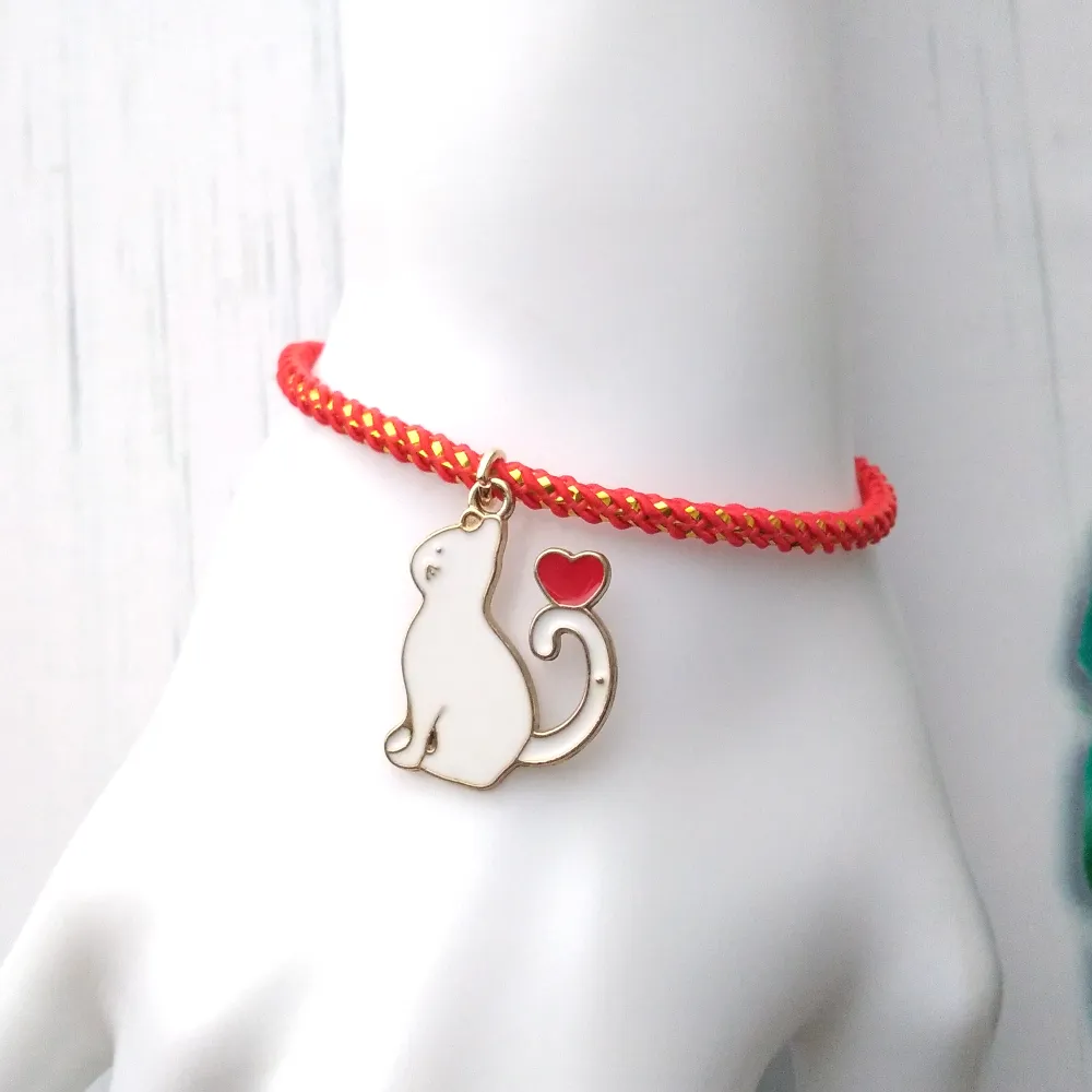 Olivia 2 Enamel White Cat Metallic Cord Slider Bracelet