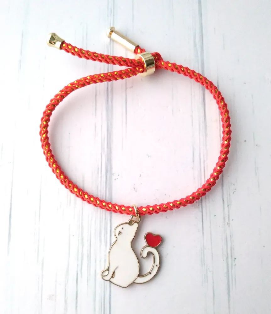 Olivia 2 Enamel White Cat Metallic Cord Slider Bracelet