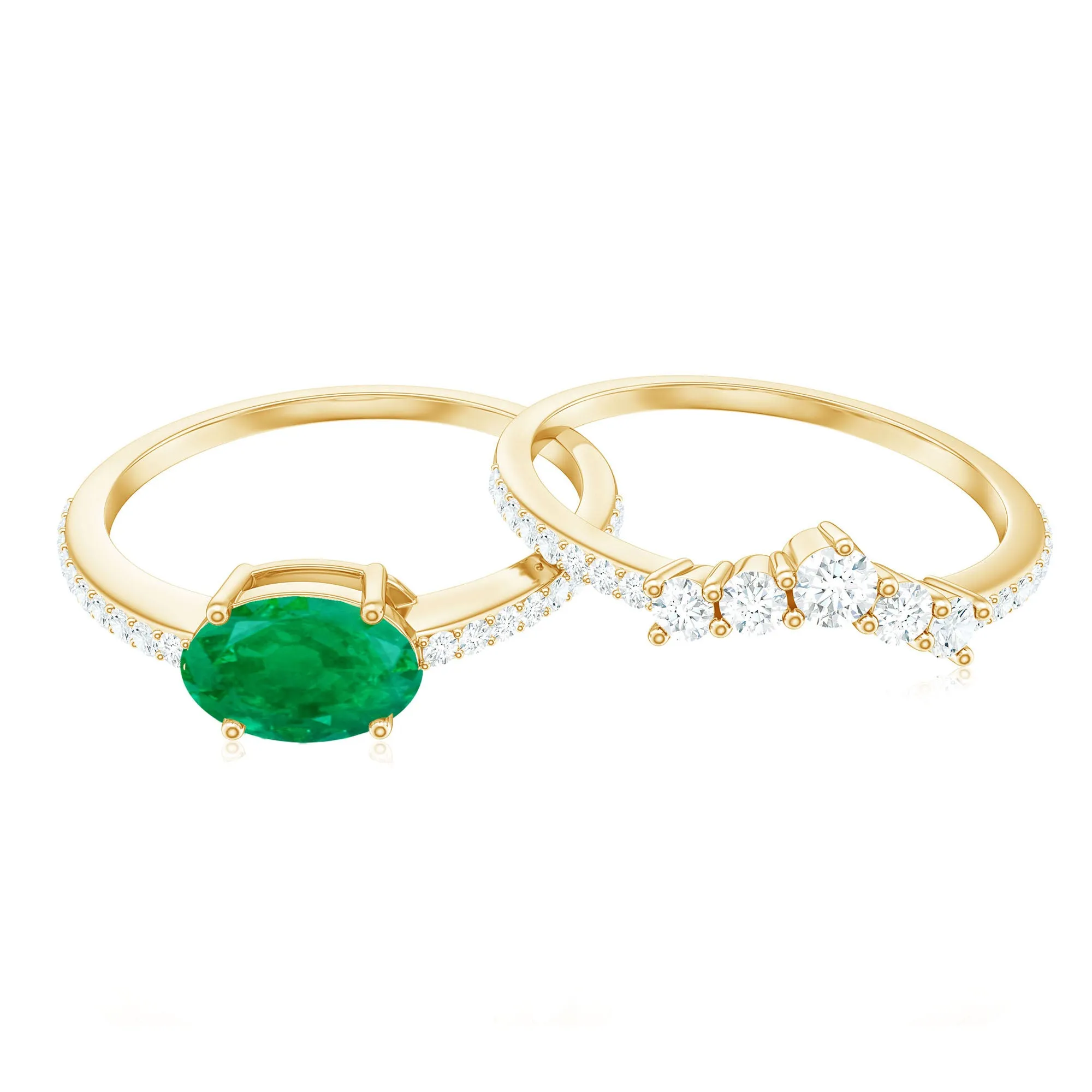 Oval Emerald East West Wedding Ring Set with Diamond