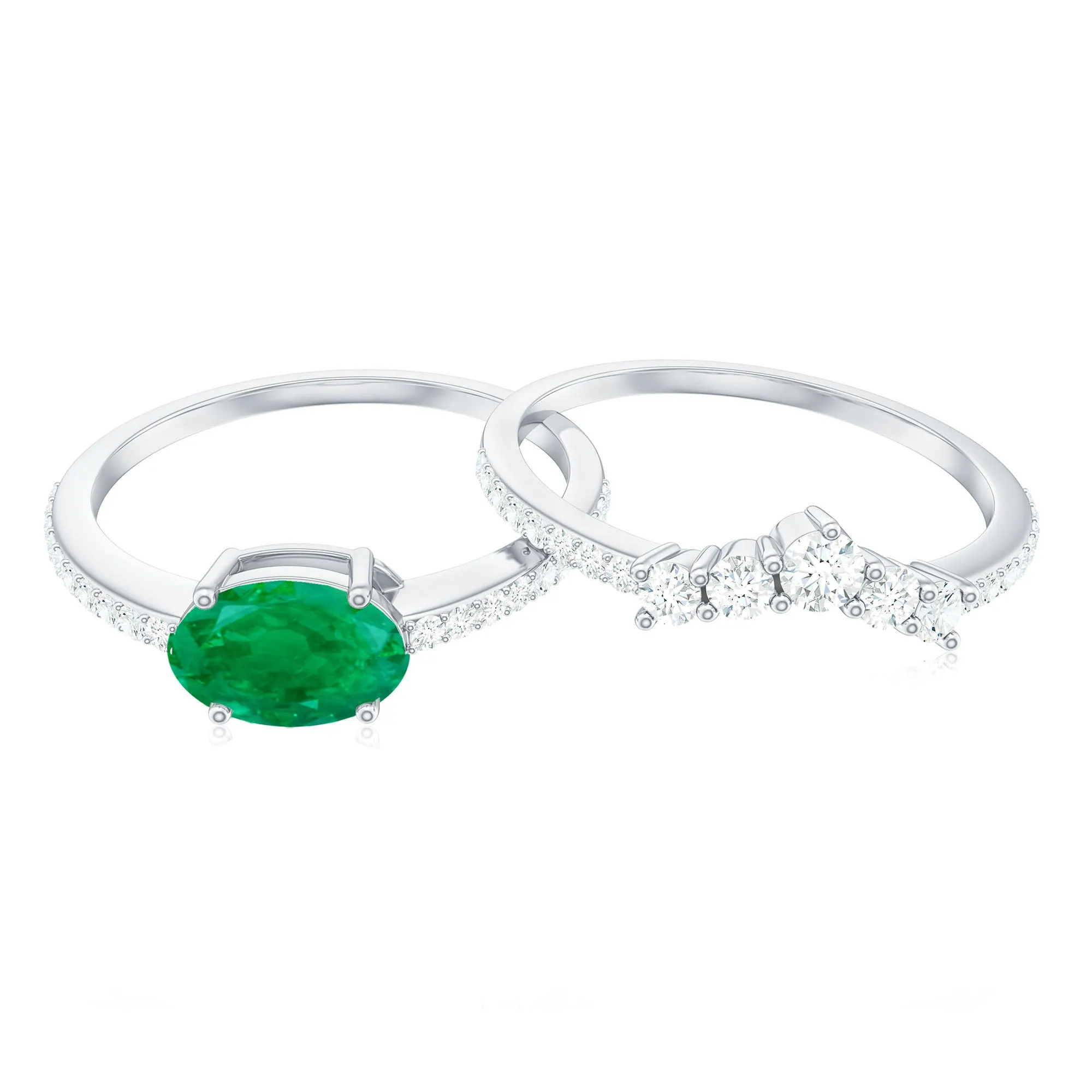 Oval Emerald East West Wedding Ring Set with Diamond