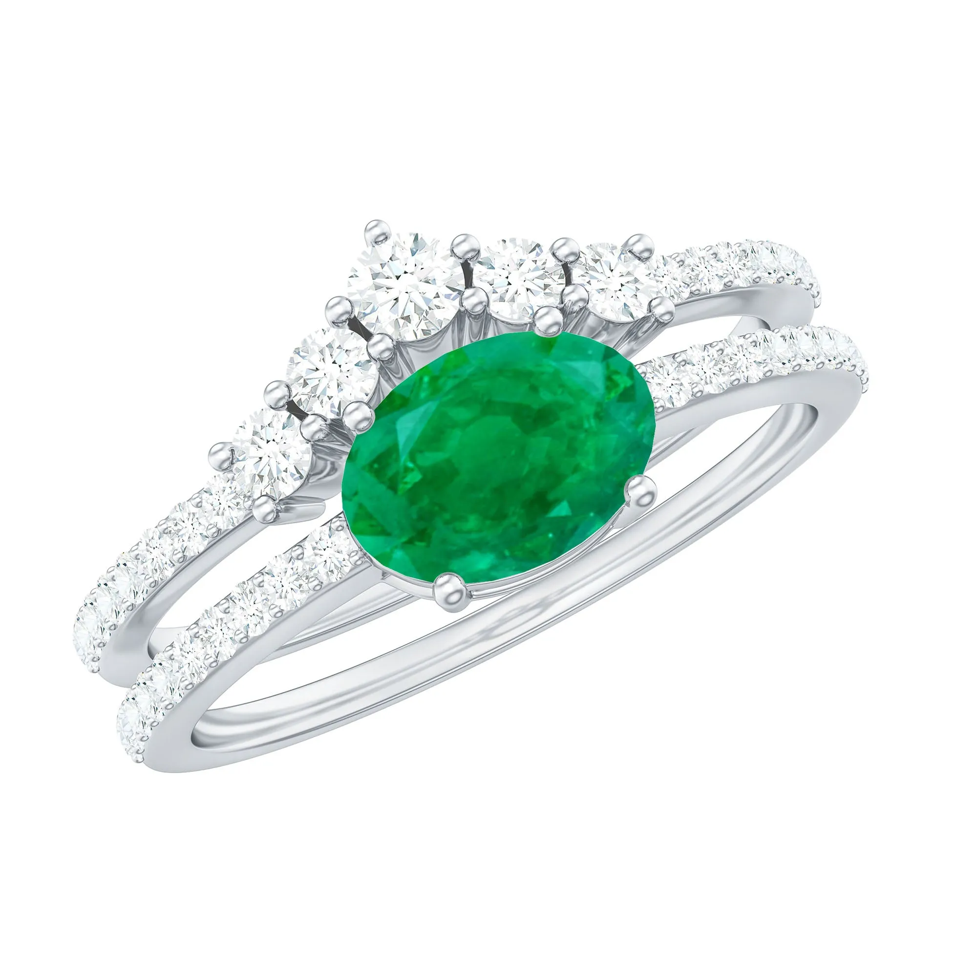 Oval Emerald East West Wedding Ring Set with Diamond