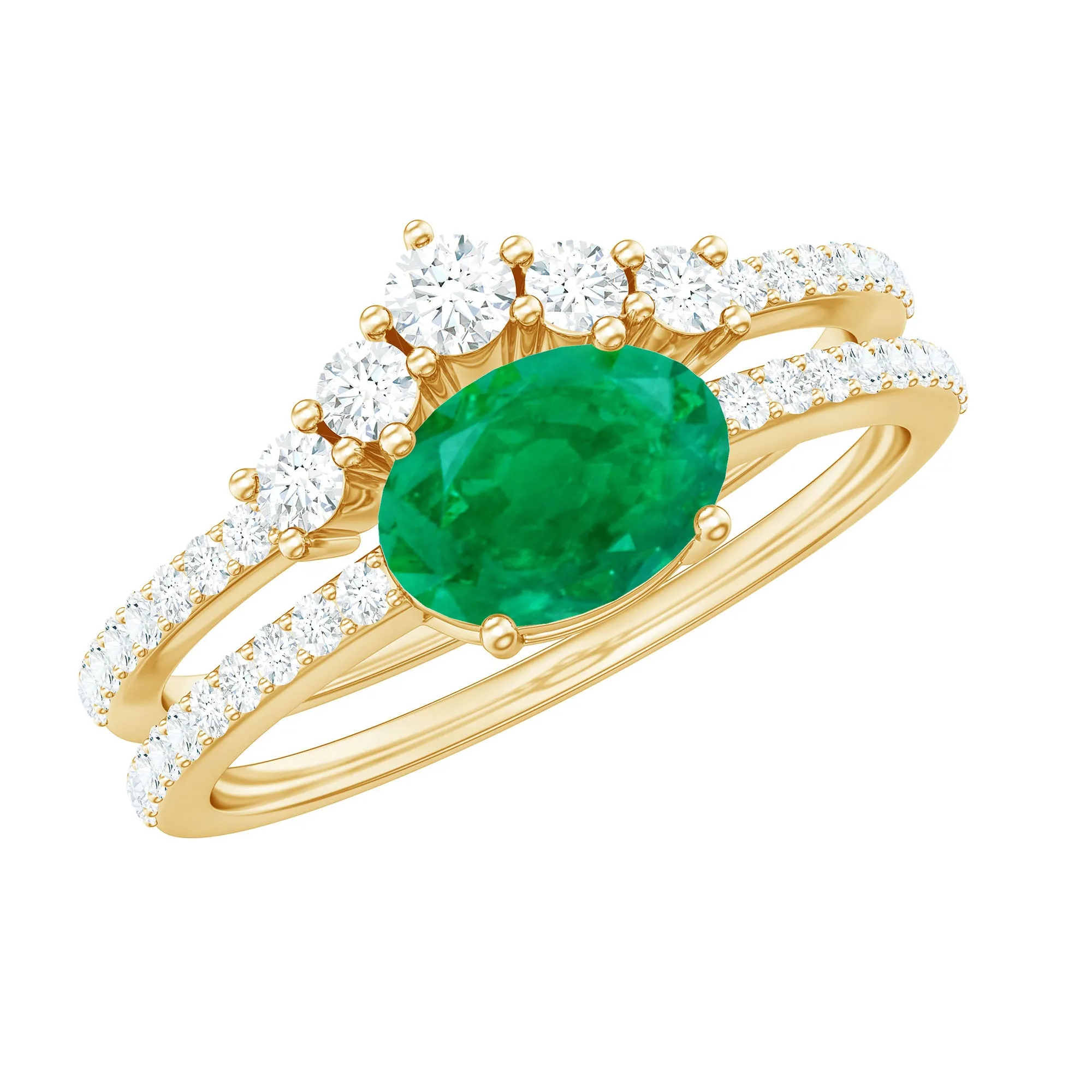 Oval Emerald East West Wedding Ring Set with Diamond