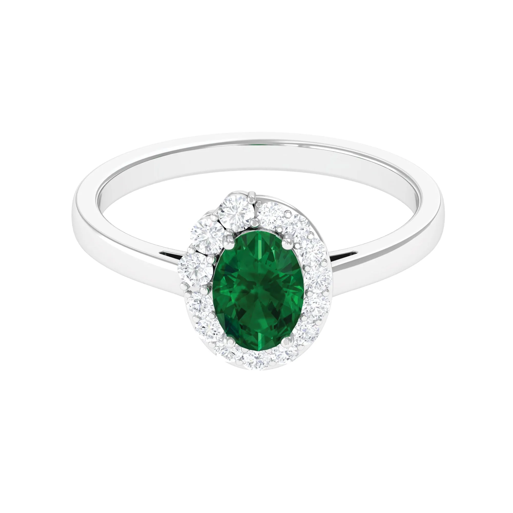 Oval Shape Created Emerald and Diamond Classic Halo Engagement Ring