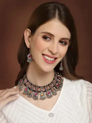 Oxidized Silver-Toned Yellow & Pink Stone Studded Handcrafted Choker Jewellery Set